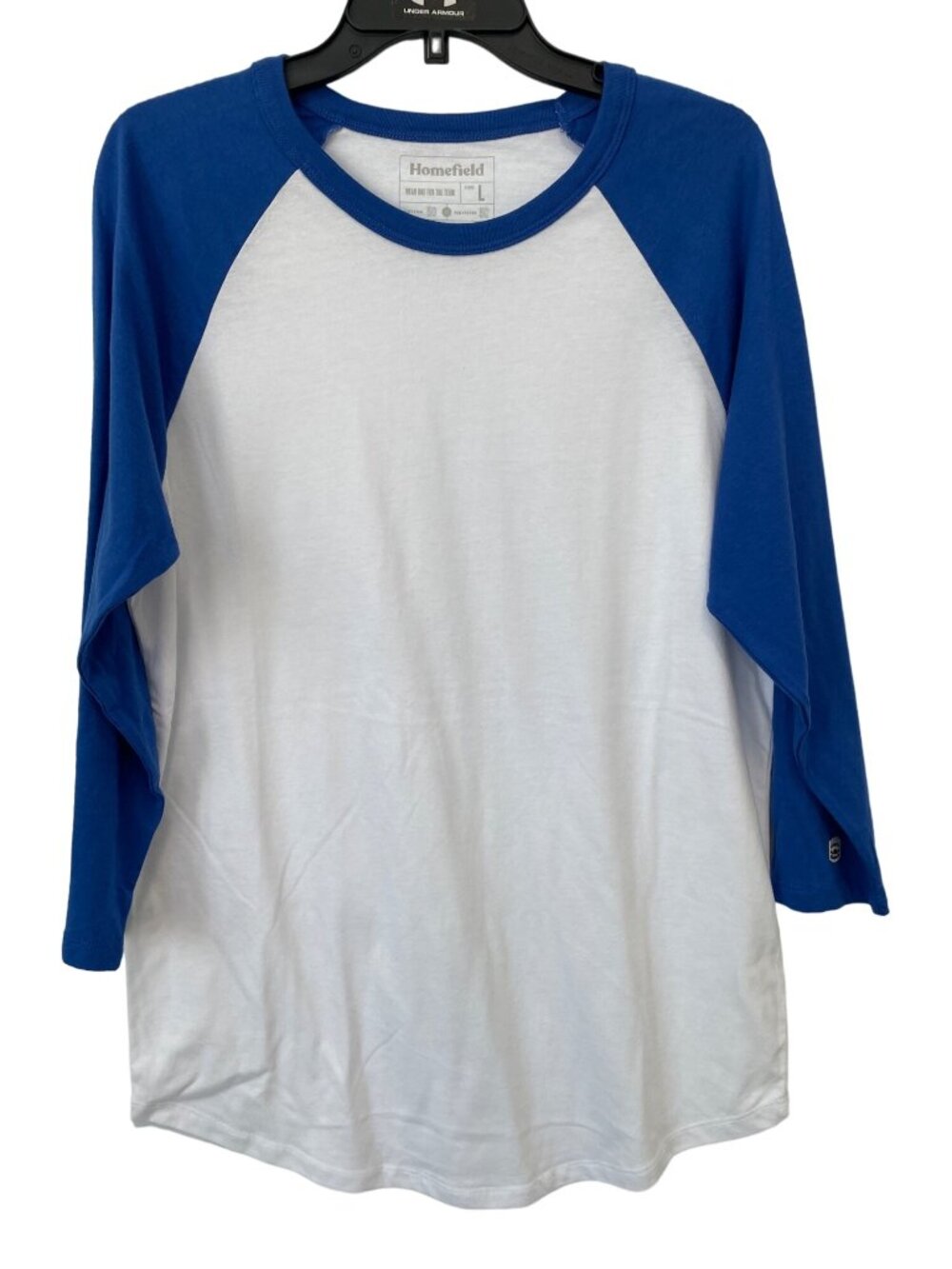 Homefield Baseball T Shirt Large Raglan Sleeve White Blue Cotton Polyester Tee